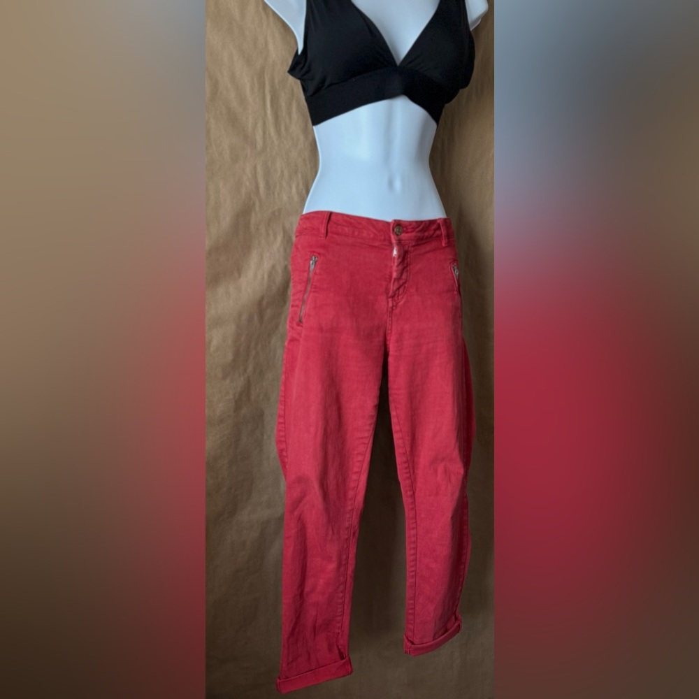Cotton On Colour red denim cotton pants. Unfinished hem size 10